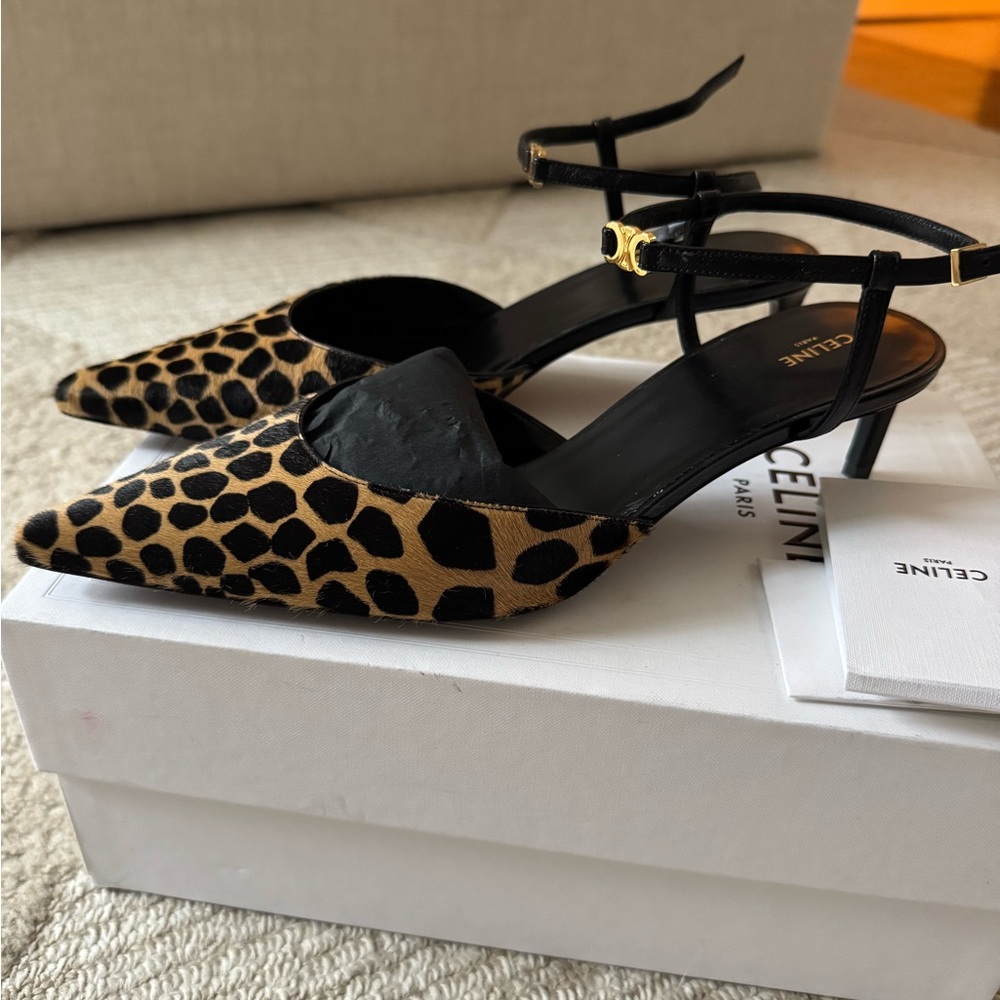 Celine Leopard Print Heels with Black Straps
